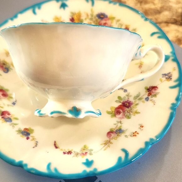 Vintage Cauldon demitasse teal accents, floral tea cup and saucer - Picture 3 of 5
